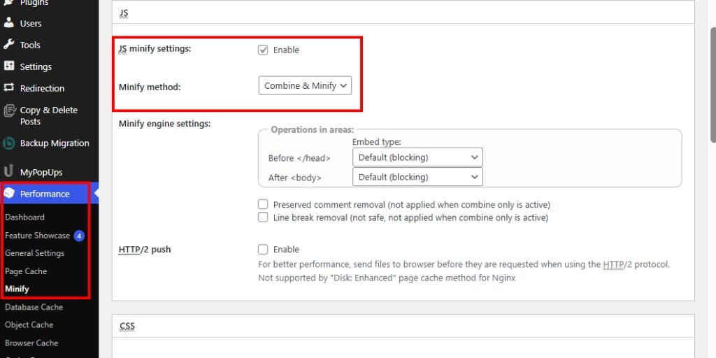 check code minify settings